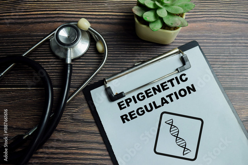 Concept of epigenetic regulation write on clipboard isolated on Wooden Table. Histone modification and environmental influence on genome activity