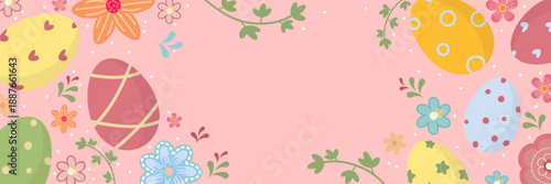 Wide horizontal Easter banner Soft pink background, decorated colorful Easter eggs, flowers, leaves around edges. Clean empty center space for text, promotions, greetings, or festive design layouts.
