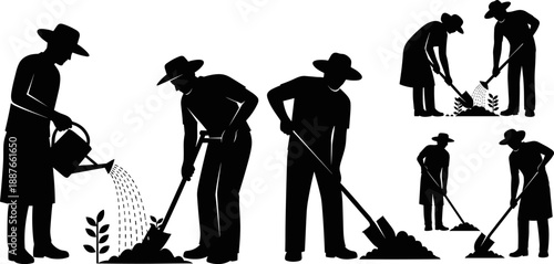 Silhouette set of farmers gardening, men and women digging soil and watering plants, agriculture concept, vector illustration on white background, working in nature.