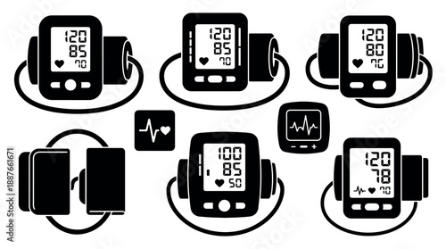 Collection of Digital Blood Pressure Monitors and Heartbeat Icons.