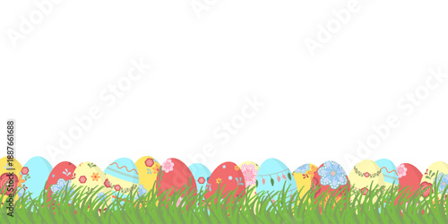Wide horizontal banner Colorful Easter eggs placed in fresh green grass on transparent background Perfect for holiday promotions Web headers, greeting designs, advertisements Seasonal graphic projects