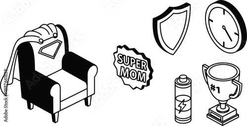 Isometric vector set showing armchair with cape super mom badge shield clock battery and trophy celebrating mothers day in playful line art monochrome flat icons
