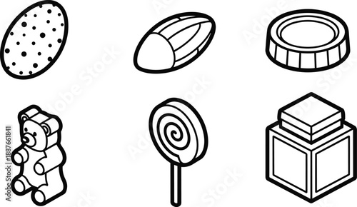 Isometric line art candy icon set featuring cookie almond chocolate cap gummy bear lollipop candy cube simple top view black outline vector minimalist bold stroke playful