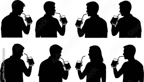 Silhouette set of people drinking juice with straw, men and women holding glass, thirsty person concept, black vector illustration on white background, refreshing cold drink.