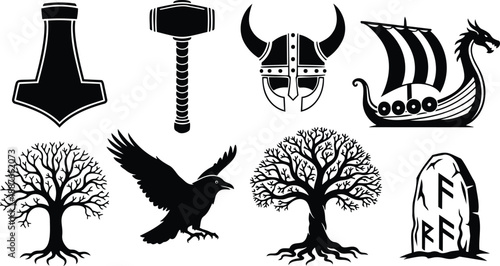 Vector silhouette viking icon set with mjolnir hammer standing hammer helmet with horns longship attacking raven yggdrasil tree and runestone dark flat design bold black silhouettes