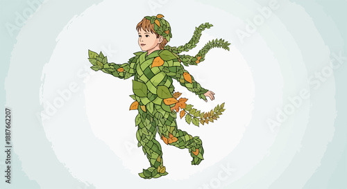Joyful child leaf costume, boy dressed in green foliage. Whimsical child leaf costume features vibrant green, orange leaves, creating imaginative attire.