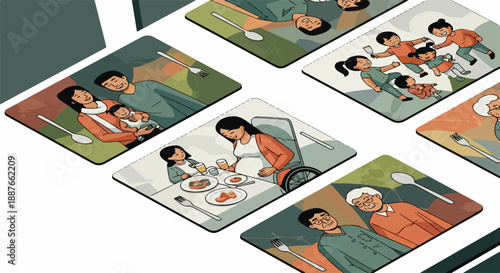 Illustrative family generations depicted across multiple stylized panels, showing young parents with baby, an expecting mother with child, playful children, and senior couple.