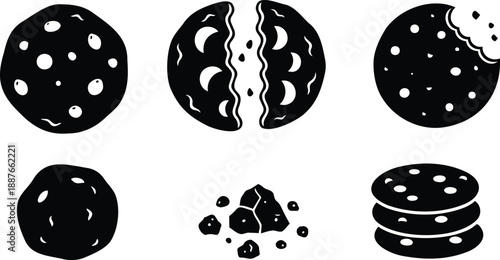 Minimal silhouette vector art three whole cookies one half cookie one bitten cookie stacked with crumbs close up top view flat black and white icons set
