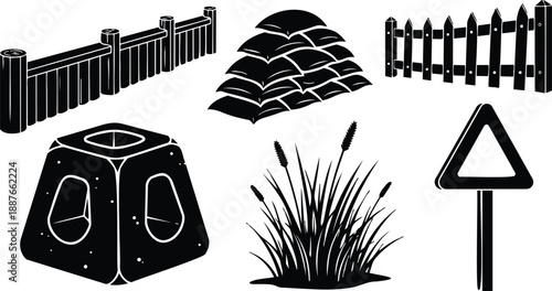 Silhouette vector garden elements set with wooden fence picket fence sandbags concrete barrier marsh reeds triangular warning sign closeup low angle black flat minimal silhouettes