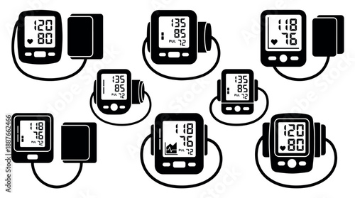 Collection of Digital Blood Pressure Monitors Displaying Various Readings.