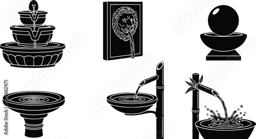 Flat design close up fountain icons set showing tiered bowl basin bamboo spout lion head wall fountain orb water feature black silhouette side view variation minimal