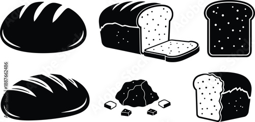 Flat design minimalist black bread icon set close up various loaves sliced toast crumbs simple vector bakery symbols clean silhouette for packaging labels modern menu sticker