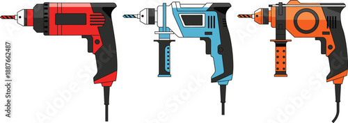 Electric drill illustration set with different colored power tools for construction repair workshop and diy projects