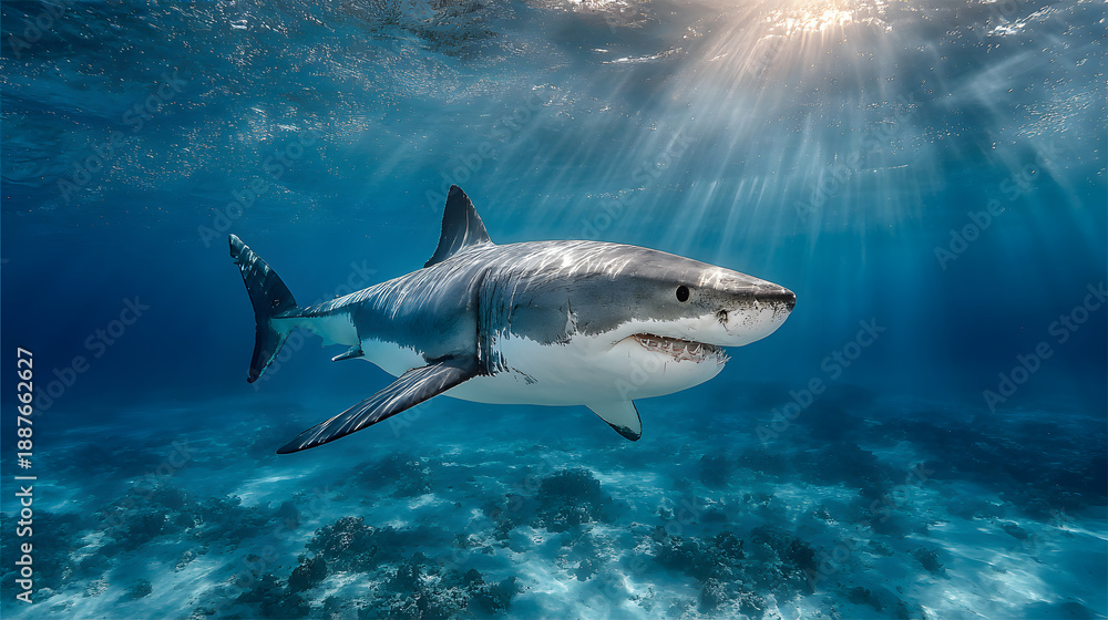 Obraz premium Dramatic underwater encounter with the king of the ocean in glowing blue water.