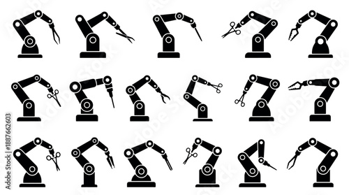 Collection of Industrial Robotic Arms Silhouettes for Automation.