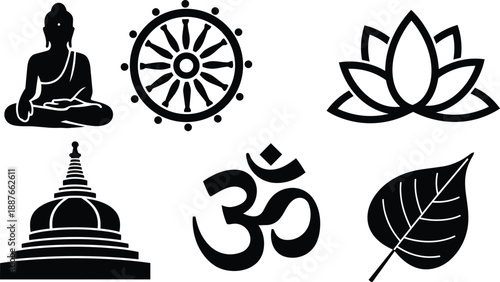 Minimalist icon set top view spiritual buddhist symbols buddha dharmachakra lotus stupa om bodhi leaf black silhouette vector art for meditation serene calming flat