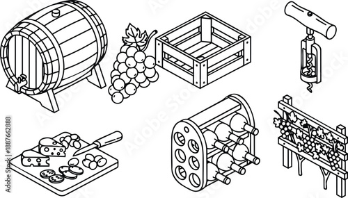 Isometric line art close up wine barrel grapes wooden crate corkscrew cheese board bottle rack vineyard trellis top view black outline illustration detailed clean vector icons