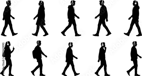 Walking people with headphones silhouette set, men and women listening to music while walking, side view vector illustration isolated on white background.