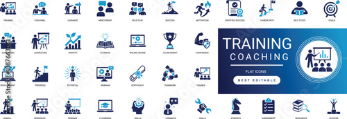 Training Coaching Solid Icon Set Education, Skill, Development, Mentor, Learning, Seminar, Workshop, Growth, Leadership Professional Vector Set Editable