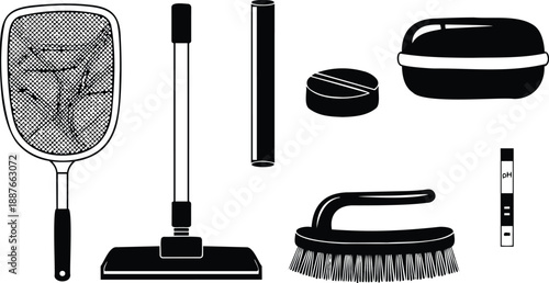 Flat design close up pool maintenance tools skimmer net telescopic pole vacuum head scrub brush chlorine tablet dispenser ph test strip black silhouettes on white background