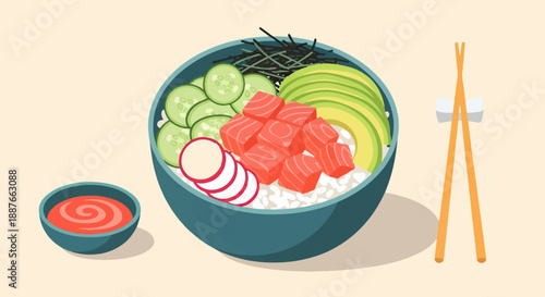 A healthy poke bowl with salmon, avocado, rice, and cucumber