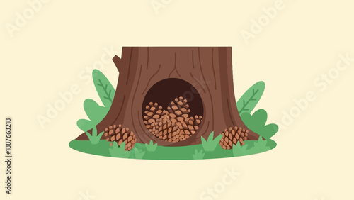 A hollow tree stump filled with pinecones, surrounded by leaves
