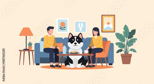 A dog sits between two people in a living room with a table