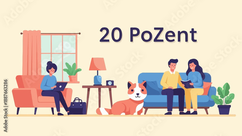 A dog rests while people work and read in a cozy, sunlit room