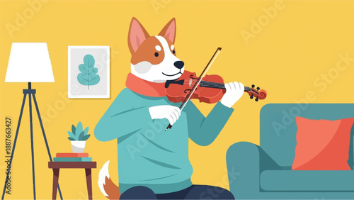 A dog in a sweater and scarf plays the violin in a room