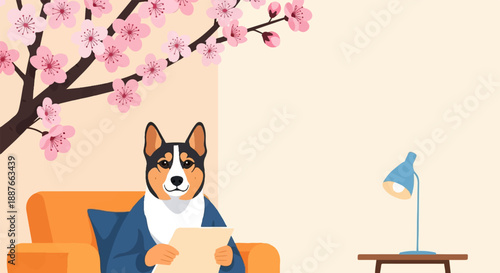 A dog in a suit sits in an armchair under a cherry blossom tree