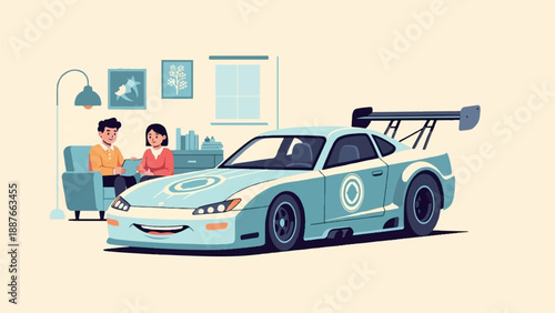 A couple discusses a modified race car parked indoors with a window and artwork