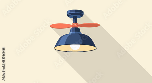 A dark blue ceiling fan light with orange blades illuminates warmly