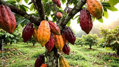 Vibrant cacao pods hang from lush green tree branches