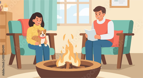 A couple enjoys a cozy evening by the fire with their dog