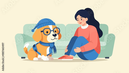 A dog in a hat and glasses sits next to a girl on a couch