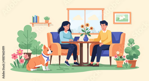 A couple enjoys a moment with their dog and flowers, indoors by a window