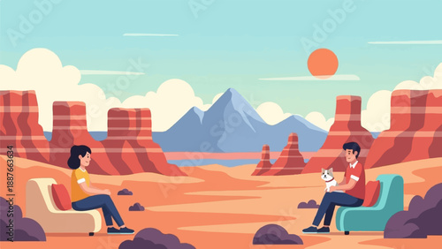 A couple relax with a dog in a desert landscape with mesas and mountains