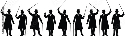 Victorian era gentleman silhouette set showing elegant men with top hats, canes, and formal historical poses isolated on white background