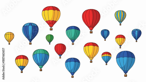 A collection of colorful hot air balloons ascend against a white background