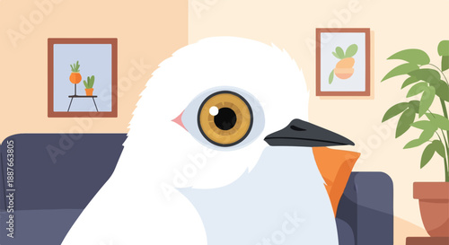 A close-up of a white bird with bright eyes sitting on a couch