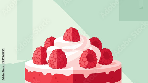 A close-up of a round, pink-and-red frosted cake topped with fluffy white cream and fresh raspberries