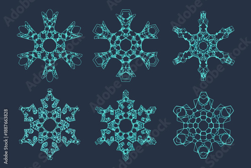Intricate teal snowflake patterns displayed against a dark blue background