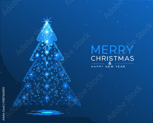 A festive blue christmas tree with twinkling lights and holiday greetings