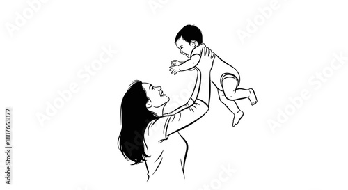 Mother holding baby up in the air with joy.