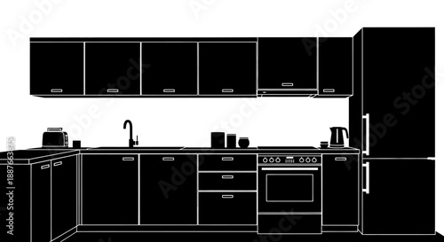 Modern Kitchen Silhouette with Appliances and Cabinets.