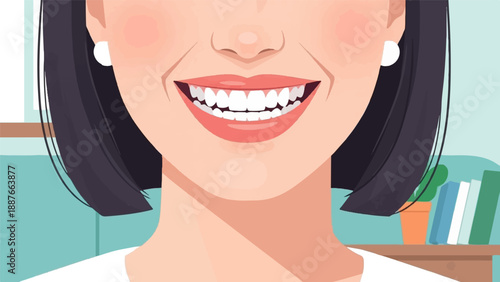 A close-up illustration of a smiling woman with white teeth and pink lips