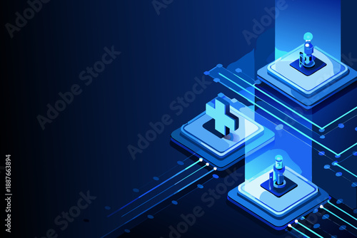 Isometric network connections and data flow with glowing blue technology elements