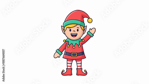 A cartoon elf wearing a red outfit with striped stockings and pointed shoes waves
