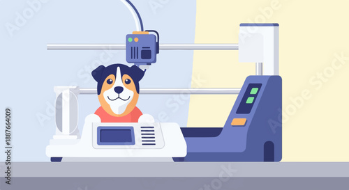 A cartoon dog is being scanned or measured by futuristic technology