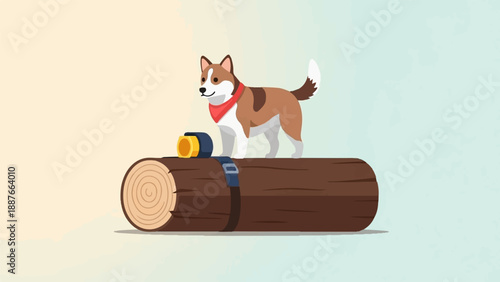 A cartoon dog wearing a red bandana stands on a log with a measuring tape